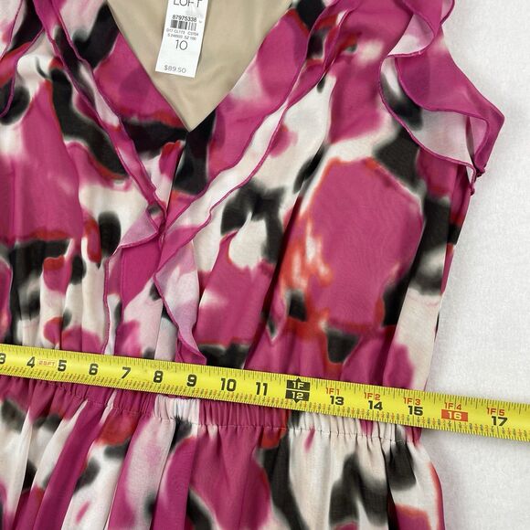 NWT Ann Taylor LOFT Ruffle V-Neck Fit Flare Mini Dress Brunch Floral Pink-10 - Picture 7 of 11